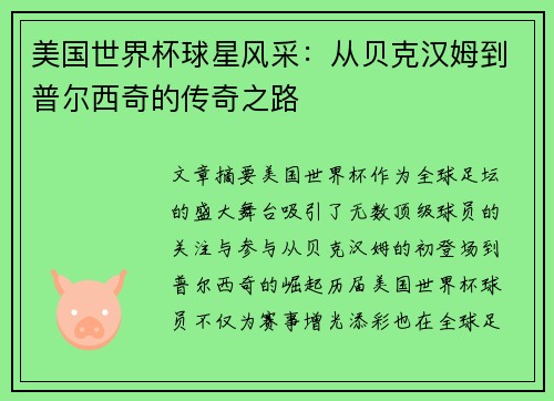 美国世界杯球星风采:从贝克汉姆到普尔西奇的传奇之路